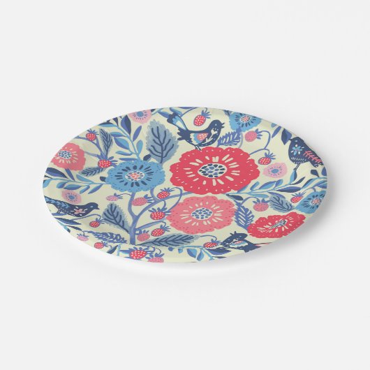Folk Art Vogels Aardbei en bloemen Papieren Bordje (Gekanteld)