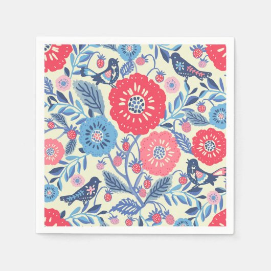 Folk Art Vogels Aardbei en bloemen Servet (Voorkant)