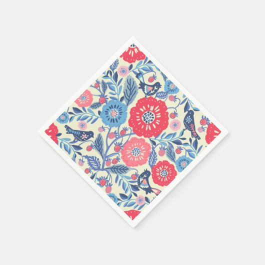 Folk Art Vogels Aardbei en bloemen Servet (Hoek)