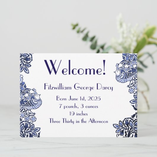 Folk Art Vogels Bloemen Eikels Blauw Kaart (Staand voorkant)