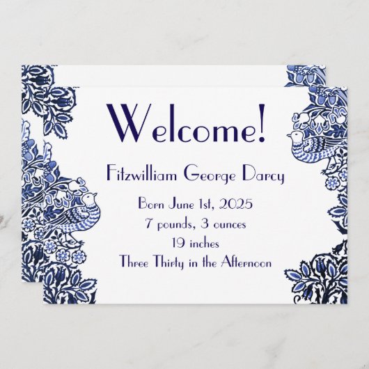 Folk Art Vogels Bloemen Eikels Blauw Kaart (Voorkant / Achterkant)