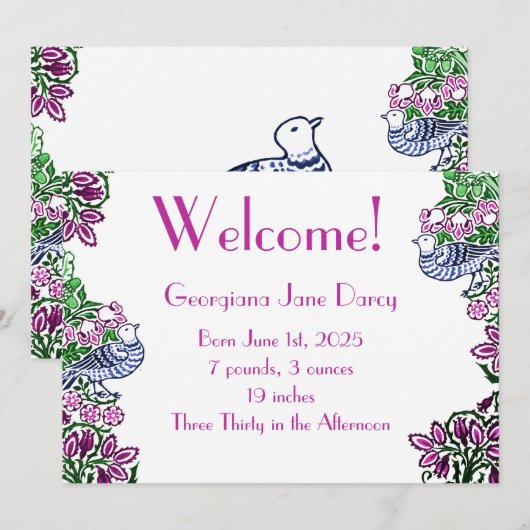 Folk Art Vogels Bloemen Eikels Blauw Kaart (Voorkant / Achterkant)