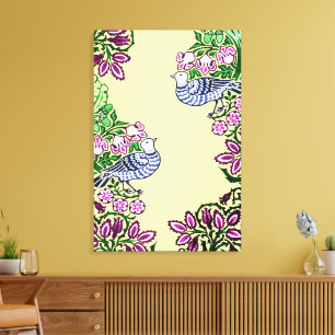 Folk Art Vogels Bloemen Eikels Canvas Afdruk