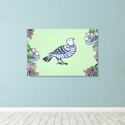 Folk Art Vogels Bloemen Eikels Canvas Afdruk (Insitu (Houten vloer))