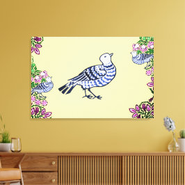 Folk Art Vogels Bloemen Eikels Canvas Afdruk