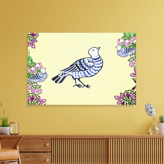 Folk Art Vogels Bloemen Eikels Canvas Afdruk (Insitu (Woonkamer))