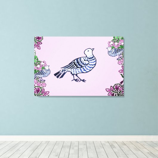Folk Art Vogels Bloemen Eikels Canvas Afdruk (Insitu (Houten vloer))