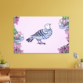 Folk Art Vogels Bloemen Eikels Canvas Afdruk
