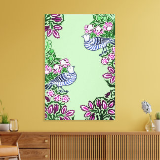 Folk Art Vogels Bloemen Eikels Canvas Afdruk