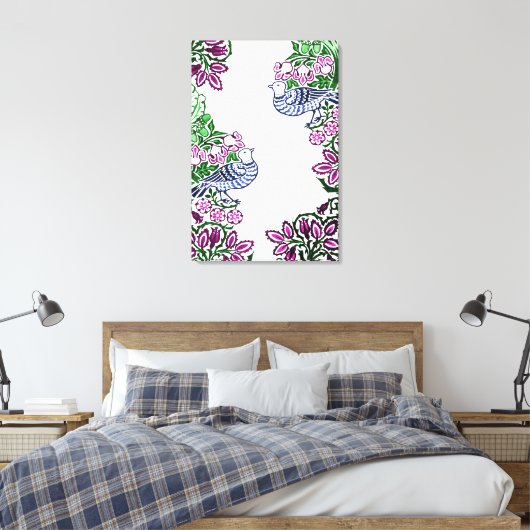Folk Art Vogels Bloemen Eikels Canvas Afdruk (Insitu (Slaapkamer))