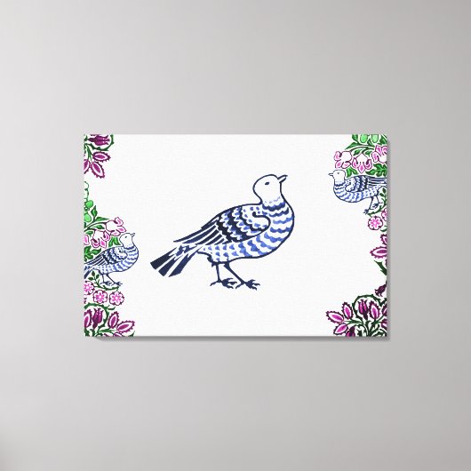 Folk Art Vogels Bloemen Eikels Canvas Afdruk (Voorkant)