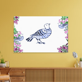 Folk Art Vogels Bloemen Eikels Canvas Afdruk