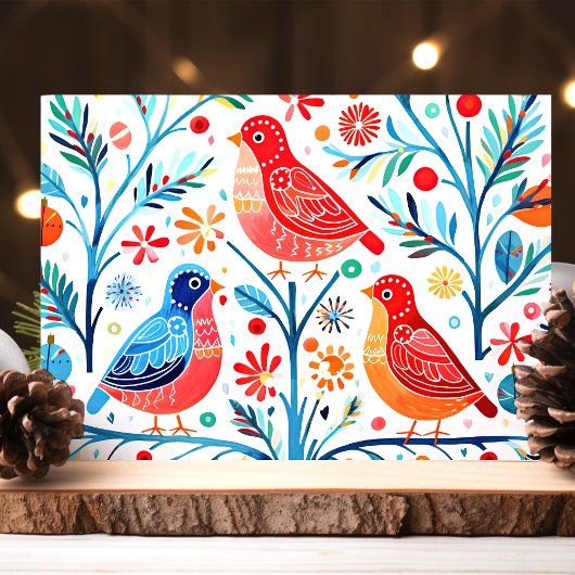 Folk Art Vogels en Bloemen Kleurrijke Bloemen Feestdagen Kaart