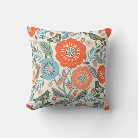 Folk Art Vogels en Strawberry Design Kussen (Voorkant)