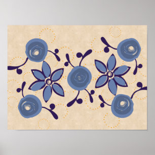 Folk Art Waterverf Blauwe Rozen Linnen Poster