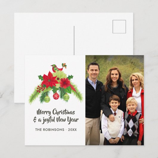 Folk Art Waterverf Bloemen Kerstmis Familie Foto Feestdagenkaart (Voorkant / Achterkant)
