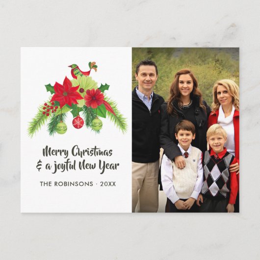 Folk Art Waterverf Bloemen Kerstmis Familie Foto Feestdagenkaart (Voorkant)