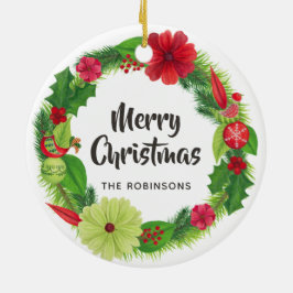 Folk Art Waterverf Bloemen Kerstmis Familie Foto Keramisch Ornament