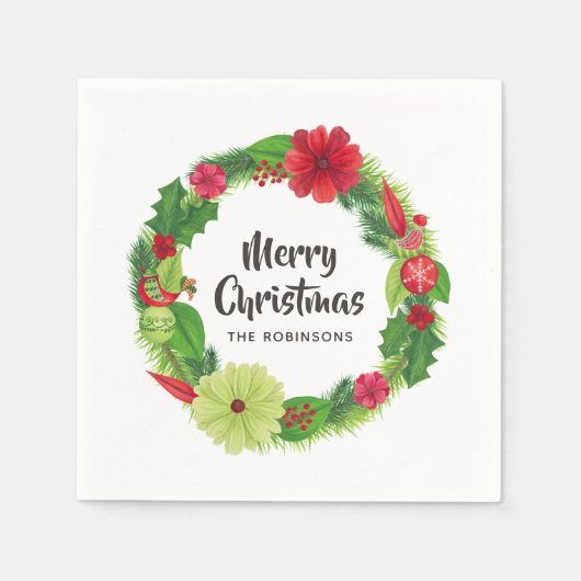 Folk Art Waterverf Floral Kerstmis Servet (Voorkant)