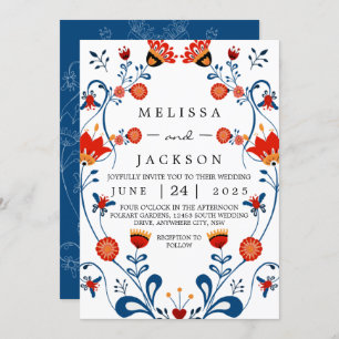 Folk Art Wedding Invitations Blue en Red Kaart