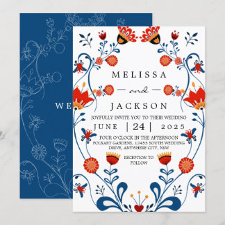 Folk Art Wedding Invitations Blue en Red Kaart