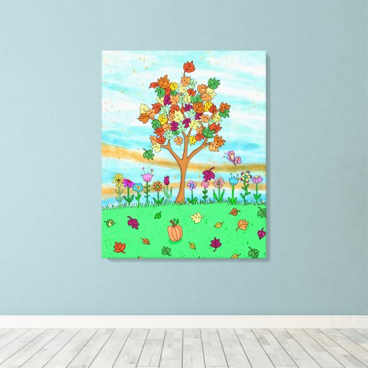 Folk Art Whimsical Autumn Tree Fall Leaves Canvas Afdruk (Insitu (Houten vloer))