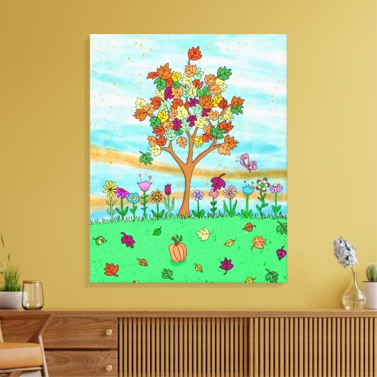 Folk Art Whimsical Autumn Tree Fall Leaves Canvas Afdruk (Insitu (Woonkamer))