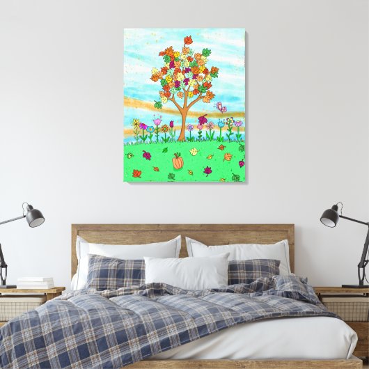  Folk Art Whimsical Autumn Tree Fall Leaves Canvas Afdruk (Insitu (Slaapkamer))