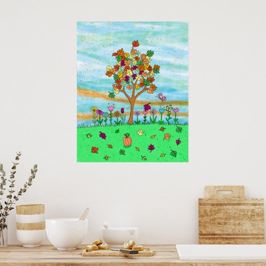  Folk Art Whimsical Autumn Tree Fall Leaves Poster (Keuken)