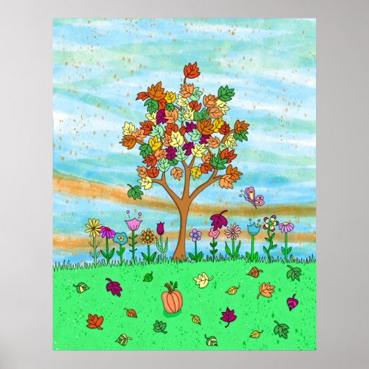 Folk Art Whimsical Autumn Tree Fall Leaves Poster (Voorkant)