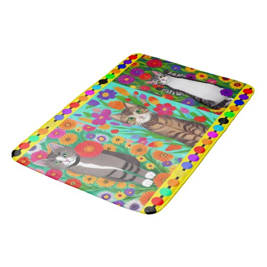 Folk Art Whimsical Style Kat en Bloemen Badmat (Gekanteld)
