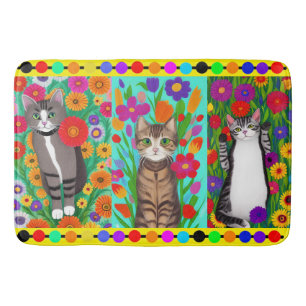 Folk Art Whimsical Style Kat en Bloemen Badmat