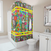 Folk Art Whimsical Style Kat en Bloemen Douchegordijn (In situ)