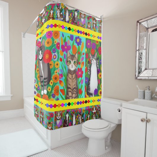Folk Art Whimsical Style Kat en Bloemen Douchegordijn (In situ)