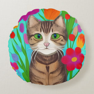 Folk Art Whimsical Style Kat en Bloemen Rond Kussen