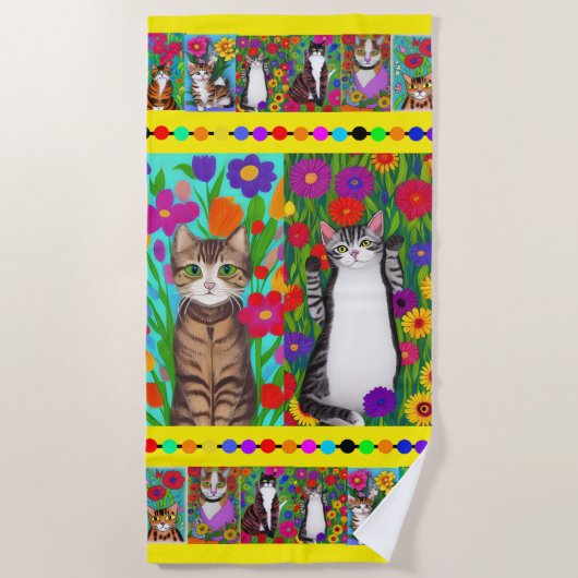 Folk Art Whimsical Style Kat en Bloemen Strandlaken (Voorkant)