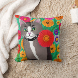Folk Art Whimsical Style Kitty Kat en Bloemen Kussen
