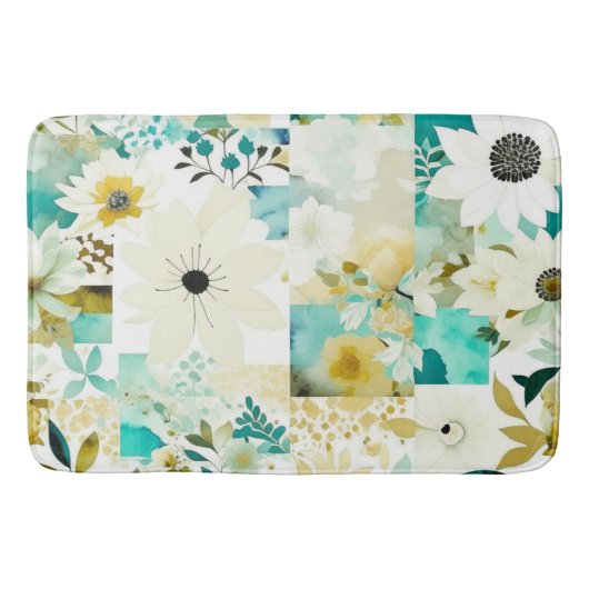 Folk Art White en Turquoise Flowers Badmat (Voorkant)