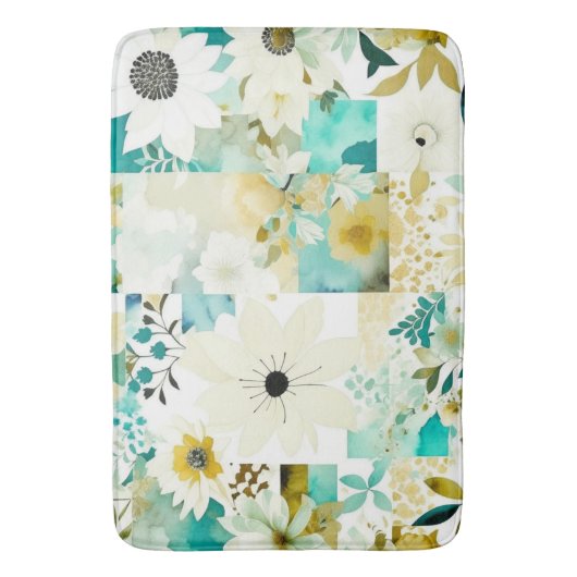  Folk Art White en Turquoise Flowers Badmat (Voorkant Verticaal)