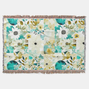  Folk Art White en Turquoise Flowers Deken