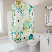 Folk Art White en Turquoise Flowers Douchegordijn (In situ)