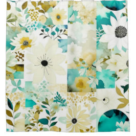 Folk Art White en Turquoise Flowers Douchegordijn