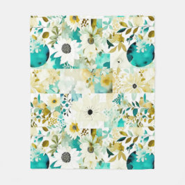 Folk Art White en Turquoise Flowers Fleece Deken