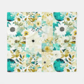 Folk Art White en Turquoise Flowers Fleece Deken (Voorkant (Horizontaal))