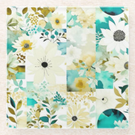 Folk Art White en Turquoise Flowers Glazen Onderzetter