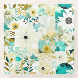  Folk Art White en Turquoise Flowers Glazen Onderzetter