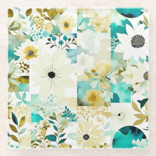  Folk Art White en Turquoise Flowers Glazen Onderzetter (Voorkant)