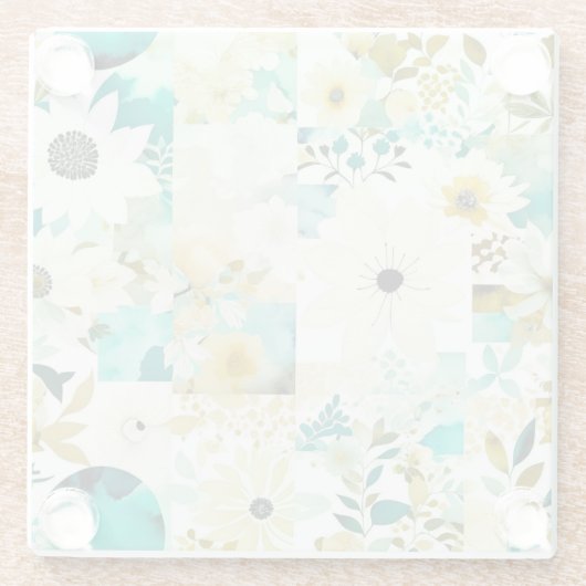  Folk Art White en Turquoise Flowers Glazen Onderzetter (Achterkant)