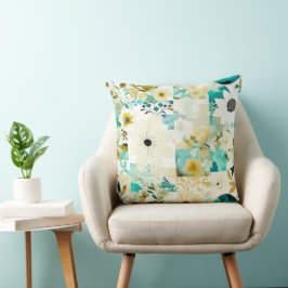 Folk Art White en Turquoise Flowers Kussen
