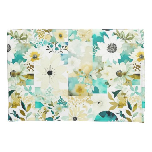  Folk Art White en Turquoise Flowers Kussensloop (Voorkant)